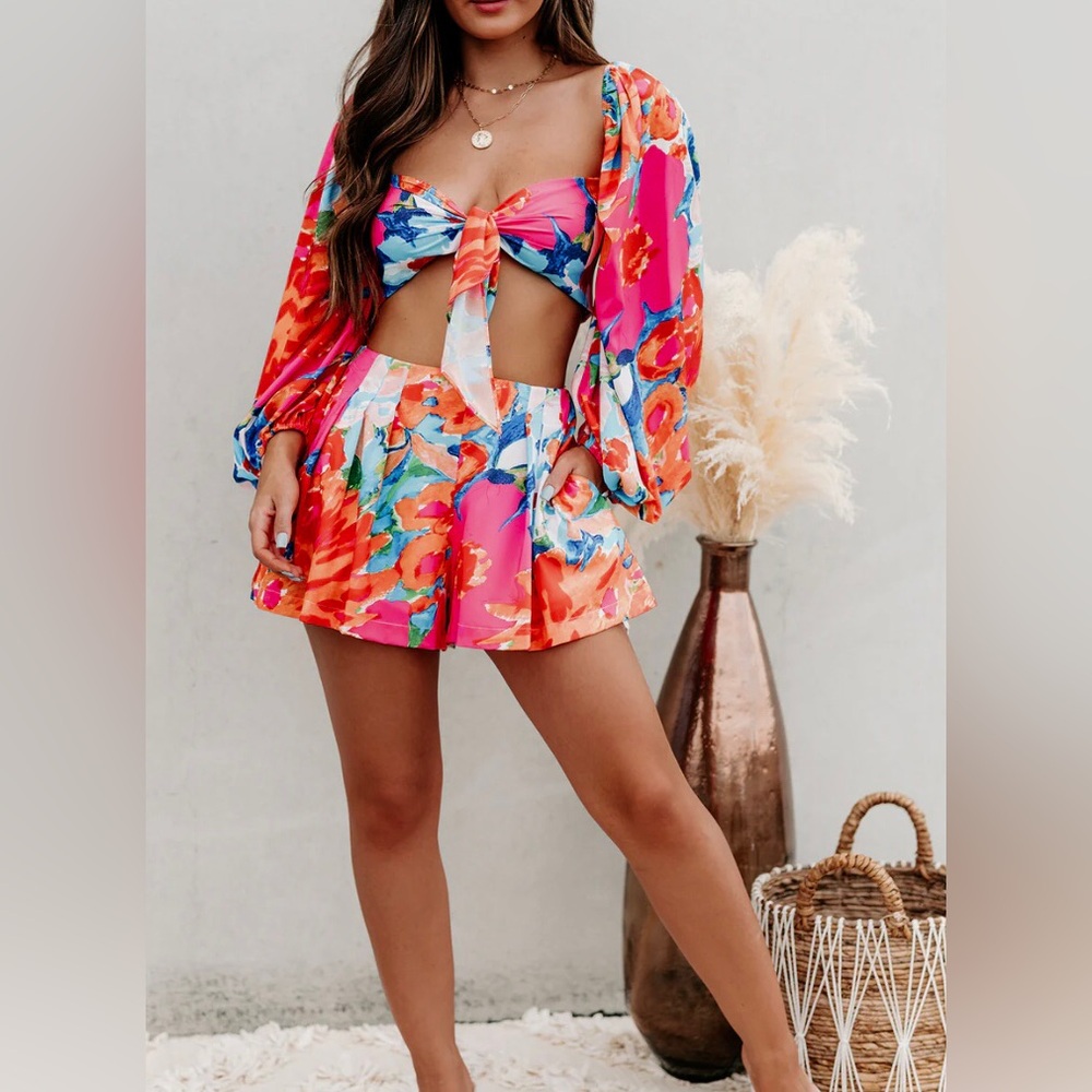 LUXXEL two piece top & short set. colorful tropical flora matching outfit S